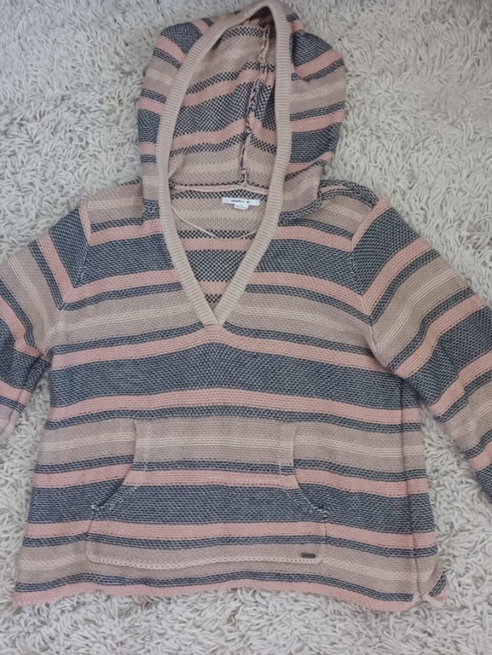 O'Neill Baja Hoodie Pink Beige Navy Striped Knit Kangaroo Pocket Women's L